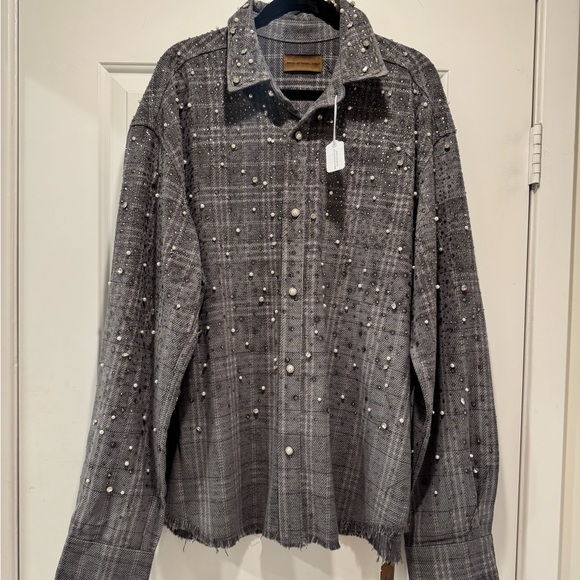 Birth of Royal Child Other - Birth of Royal Child Gray Plaid Button Down Shirt with Diamond and Pearl Accents